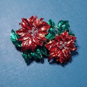 Vintage Christmas Poinsettia Brooch Enameled